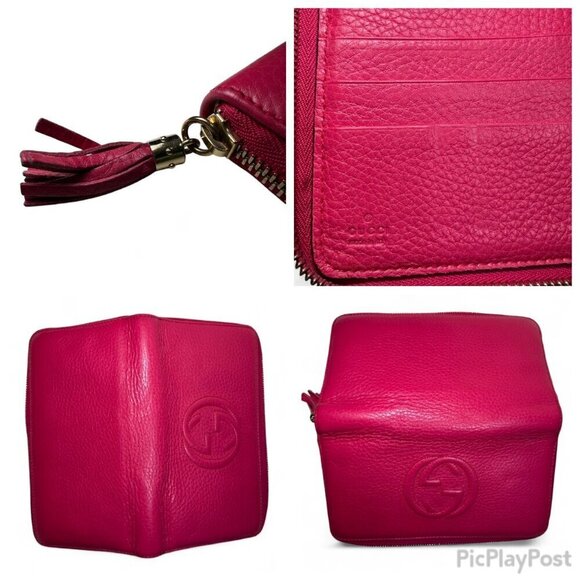 GUCCI Pebbled Leather Soho Zip Around Interlocking G Logo Long Wallet - Pink - Picture 15 of 16
